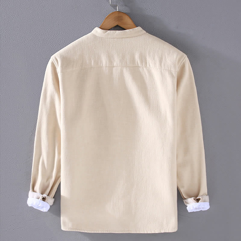 Buddha Stones Men's Stnad Collar Long Sleeve Thermal Fleece-lined Ramie Cotton Jacket With Pockets