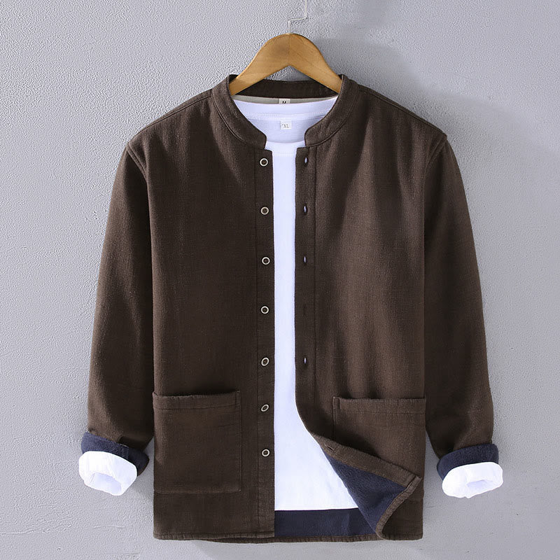 Buddha Stones Men's Stnad Collar Long Sleeve Thermal Fleece-lined Ramie Cotton Jacket With Pockets