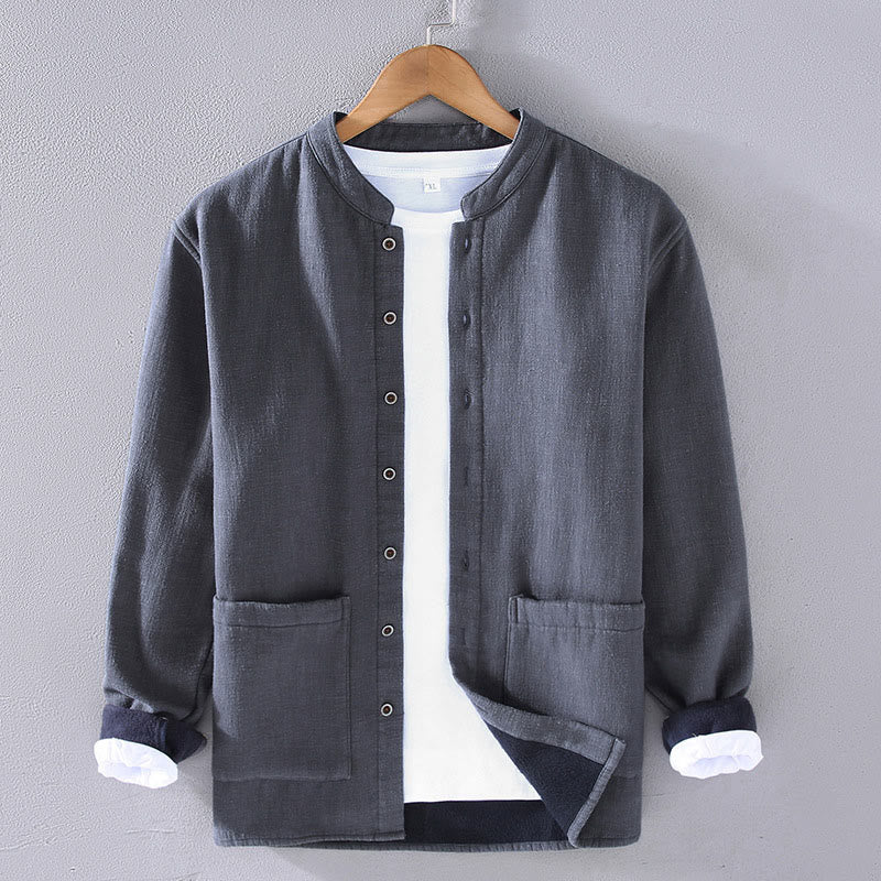 Buddha Stones Men's Stnad Collar Long Sleeve Thermal Fleece-lined Ramie Cotton Jacket With Pockets