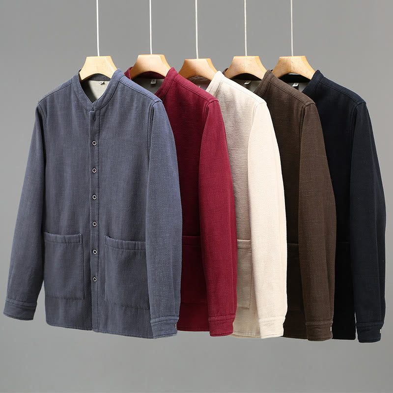 Buddha Stones Men's Stnad Collar Long Sleeve Thermal Fleece-lined Ramie Cotton Jacket With Pockets