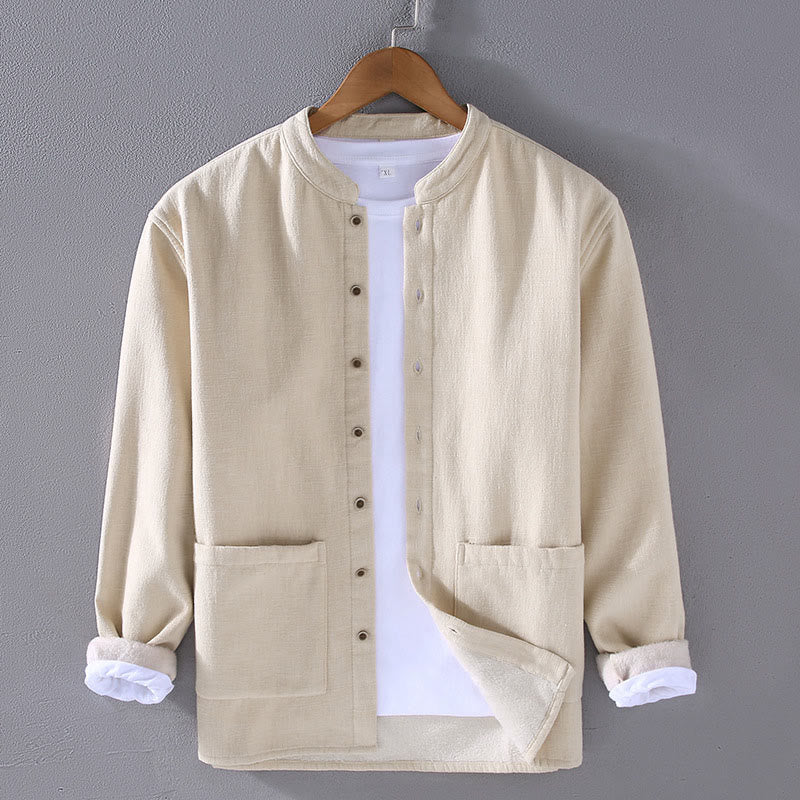 Buddha Stones Men's Stnad Collar Long Sleeve Thermal Fleece-lined Ramie Cotton Jacket With Pockets
