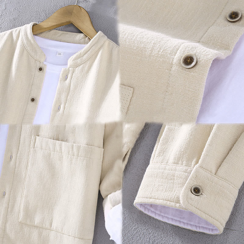 Buddha Stones Men's Stnad Collar Long Sleeve Thermal Fleece-lined Ramie Cotton Jacket With Pockets