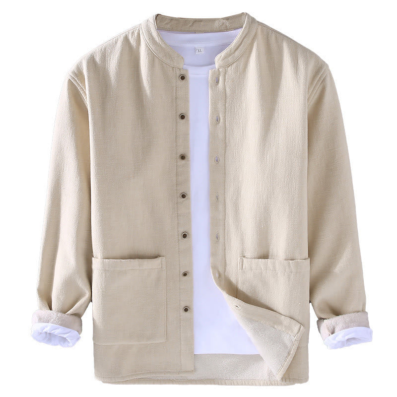 Buddha Stones Men's Stnad Collar Long Sleeve Thermal Fleece-lined Ramie Cotton Jacket With Pockets