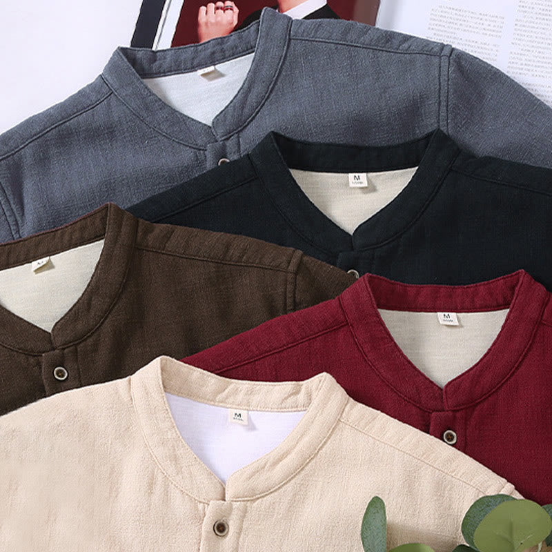 Buddha Stones Men's Stnad Collar Long Sleeve Thermal Fleece-lined Ramie Cotton Jacket With Pockets