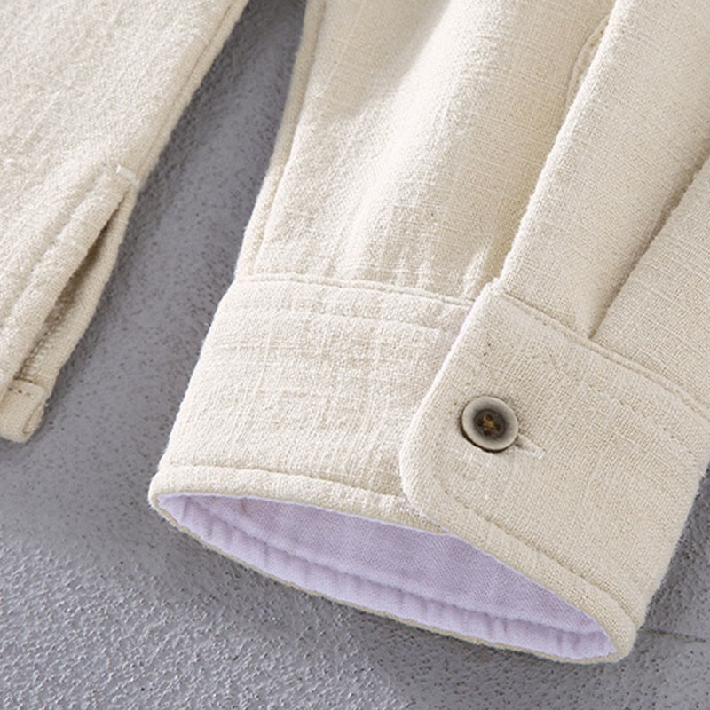 Buddha Stones Men's Stnad Collar Long Sleeve Thermal Fleece-lined Ramie Cotton Jacket With Pockets