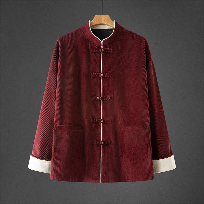 Buddha Stones Men's Frog-Button Mandarin Collar Long Sleeve Cotton Jacket Tang Suit With Pockets