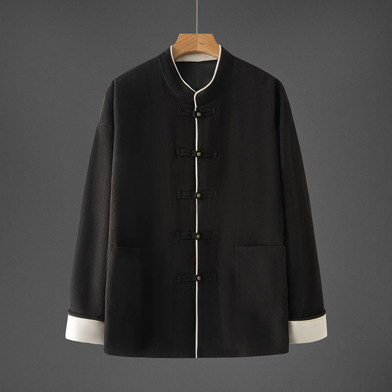 Buddha Stones Men's Frog-Button Mandarin Collar Long Sleeve Cotton Jacket Tang Suit With Pockets