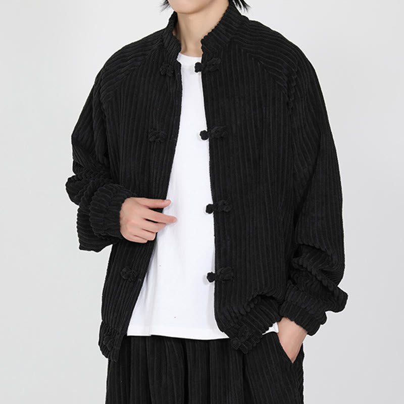 Buddha Stones Men's Chinese Plain Frog-Button Long Sleeve Cotton Corduroy Jacket With Pockets
