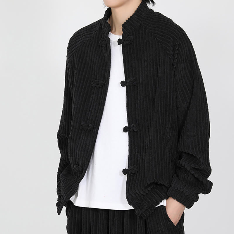 Buddha Stones Men's Chinese Plain Frog-Button Long Sleeve Cotton Corduroy Jacket With Pockets