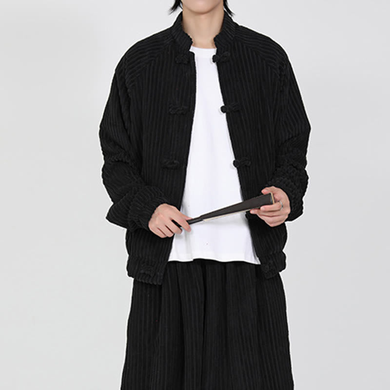 Buddha Stones Men's Chinese Plain Frog-Button Long Sleeve Cotton Corduroy Jacket With Pockets