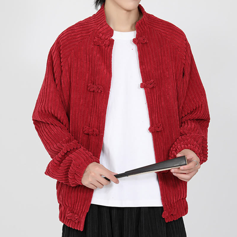 Buddha Stones Men's Chinese Plain Frog-Button Long Sleeve Cotton Corduroy Jacket With Pockets