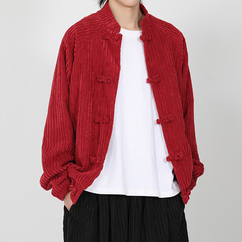 Buddha Stones Men's Chinese Plain Frog-Button Long Sleeve Cotton Corduroy Jacket With Pockets