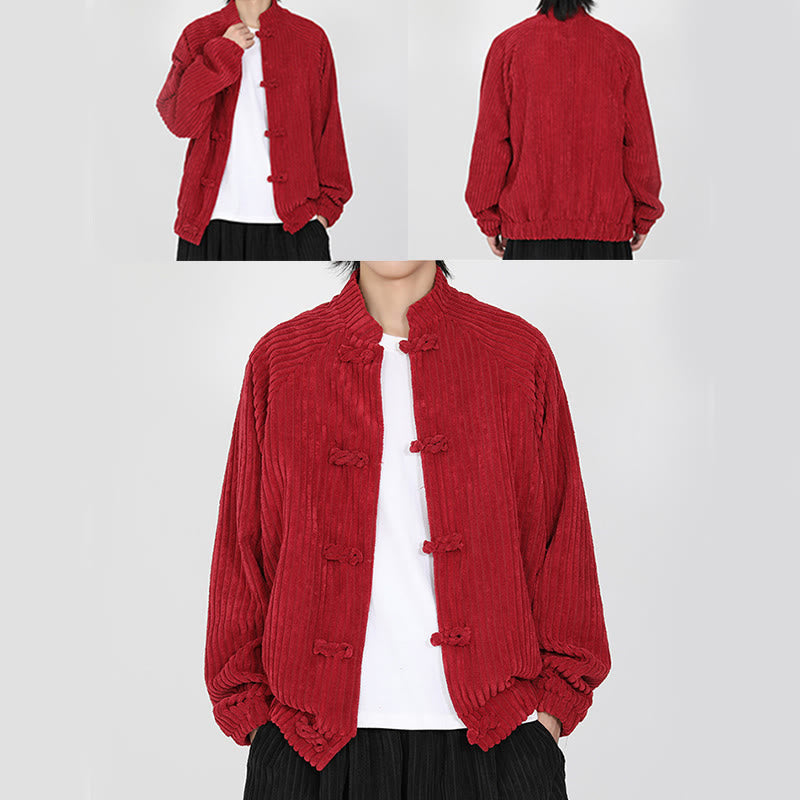Buddha Stones Men's Chinese Plain Frog-Button Long Sleeve Cotton Corduroy Jacket With Pockets