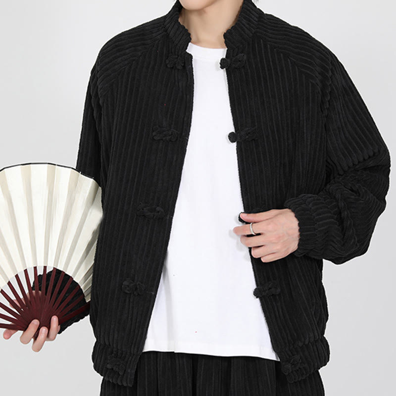 Buddha Stones Men's Chinese Plain Frog-Button Long Sleeve Cotton Corduroy Jacket With Pockets
