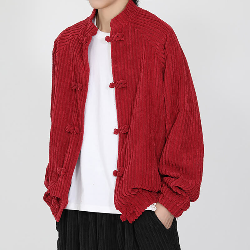 Buddha Stones Men's Chinese Plain Frog-Button Long Sleeve Cotton Corduroy Jacket With Pockets