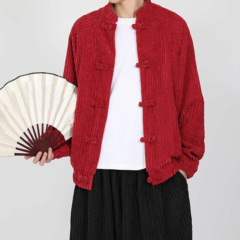 Buddha Stones Men's Chinese Plain Frog-Button Long Sleeve Cotton Corduroy Jacket With Pockets