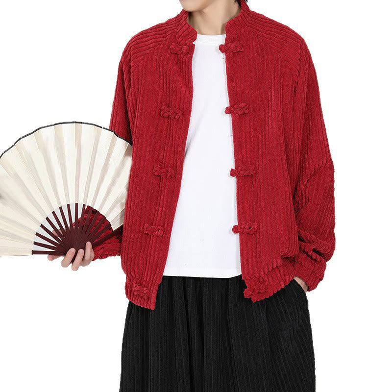 Buddha Stones Men's Chinese Plain Frog-Button Long Sleeve Cotton Corduroy Jacket With Pockets