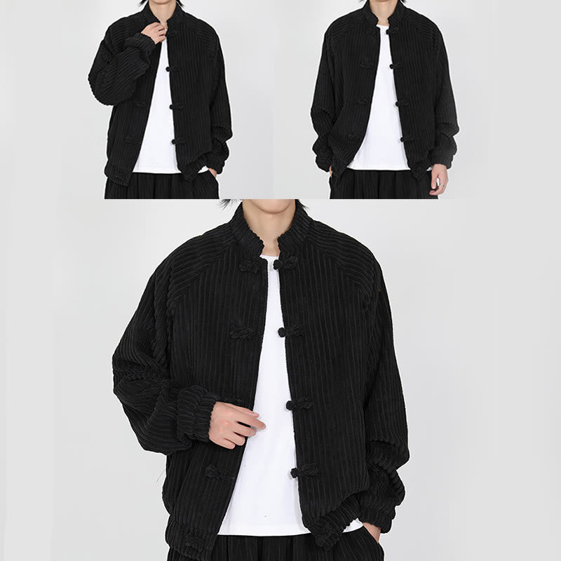 Buddha Stones Men's Chinese Plain Frog-Button Long Sleeve Cotton Corduroy Jacket With Pockets