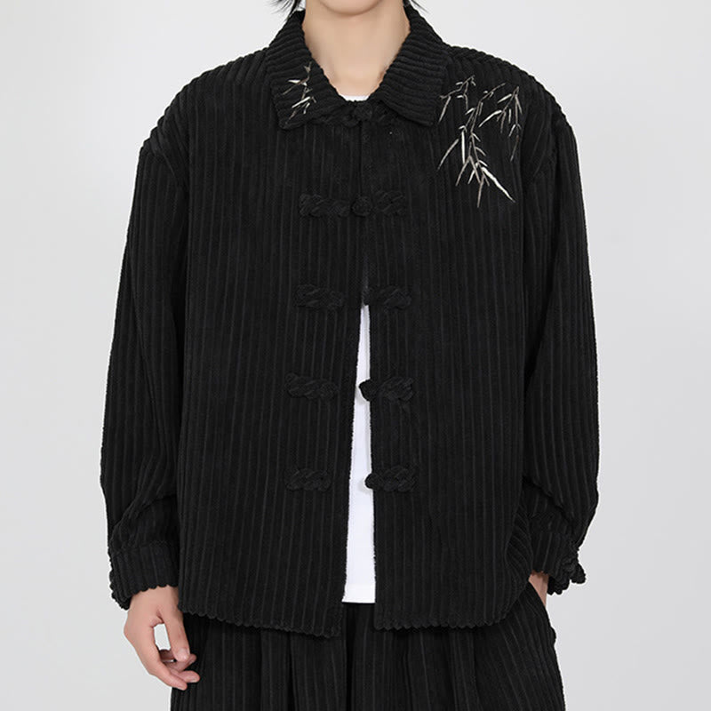 Buddha Stones Embroidery Bamboo Pattern Frog-Button Desgin Long Sleeve Men's Cotton Corduroy Jacket