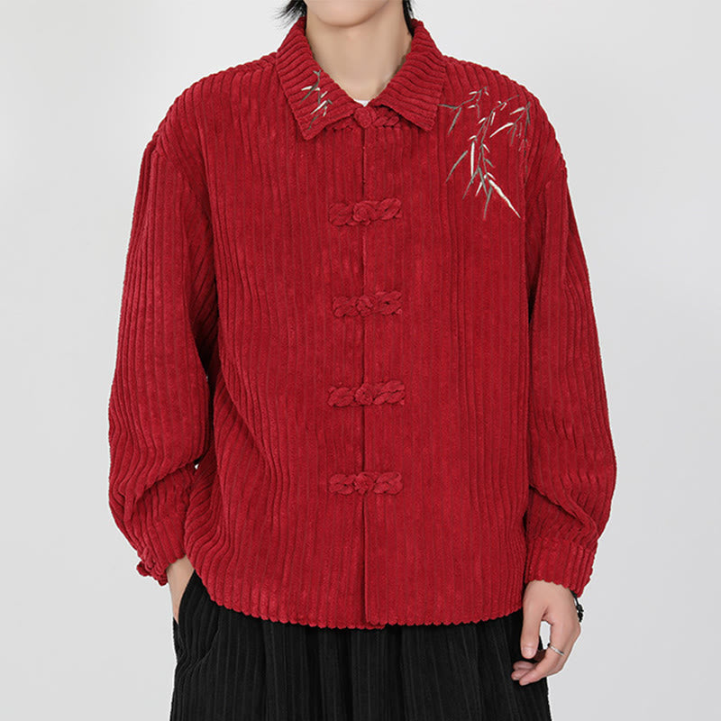 Buddha Stones Embroidery Bamboo Pattern Frog-Button Desgin Long Sleeve Men's Cotton Corduroy Jacket