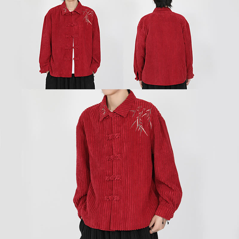 Buddha Stones Embroidery Bamboo Pattern Frog-Button Desgin Long Sleeve Men's Cotton Corduroy Jacket