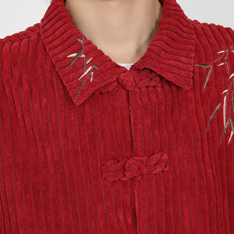 Buddha Stones Embroidery Bamboo Pattern Frog-Button Desgin Long Sleeve Men's Cotton Corduroy Jacket