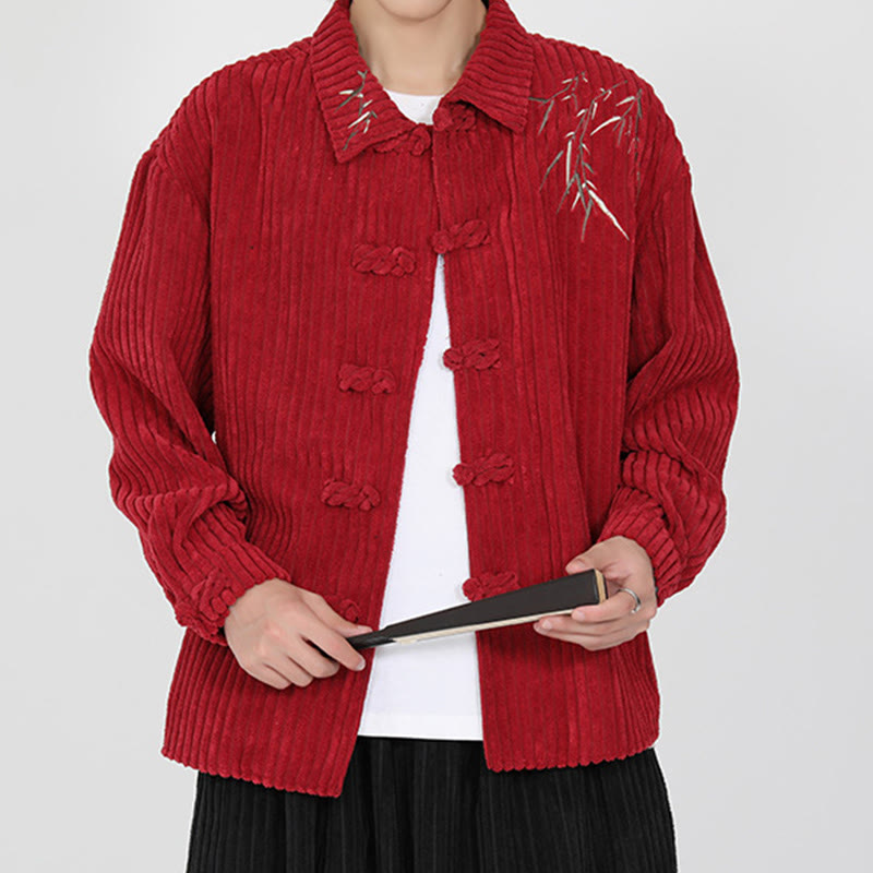 Buddha Stones Embroidery Bamboo Pattern Frog-Button Desgin Long Sleeve Men's Cotton Corduroy Jacket