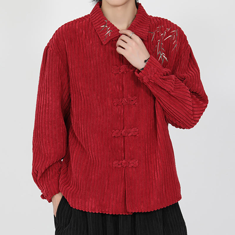 Buddha Stones Embroidery Bamboo Pattern Frog-Button Desgin Long Sleeve Men's Cotton Corduroy Jacket