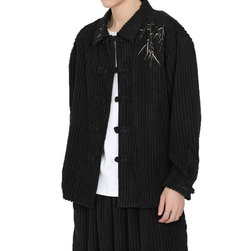 Buddha Stones Embroidery Bamboo Pattern Frog-Button Desgin Long Sleeve Men's Cotton Corduroy Jacket