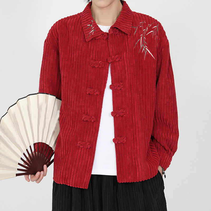 Buddha Stones Embroidery Bamboo Pattern Frog-Button Desgin Long Sleeve Men's Cotton Corduroy Jacket