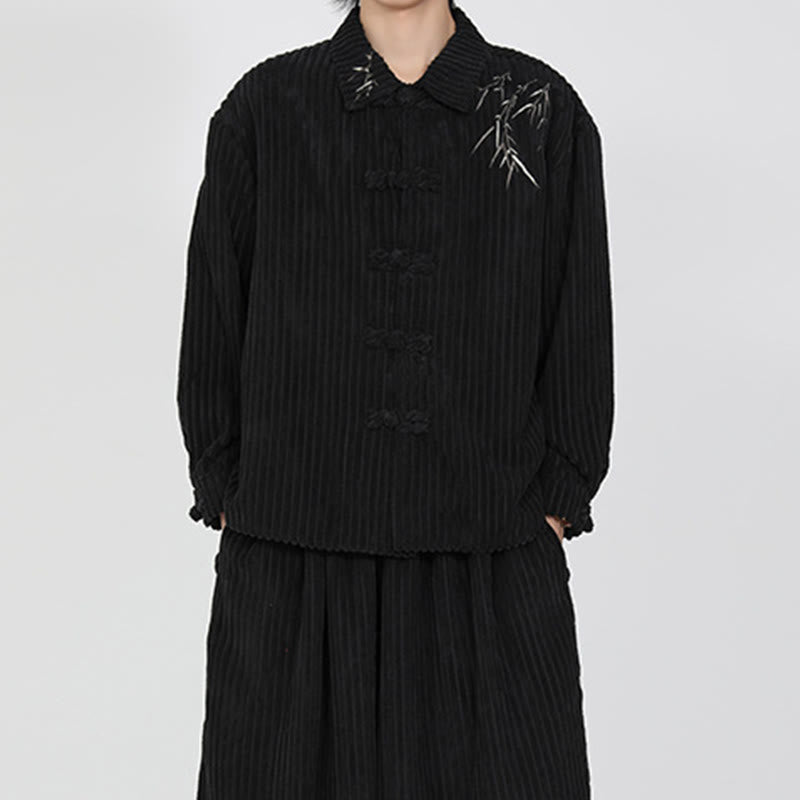 Buddha Stones Embroidery Bamboo Pattern Frog-Button Desgin Long Sleeve Men's Cotton Corduroy Jacket
