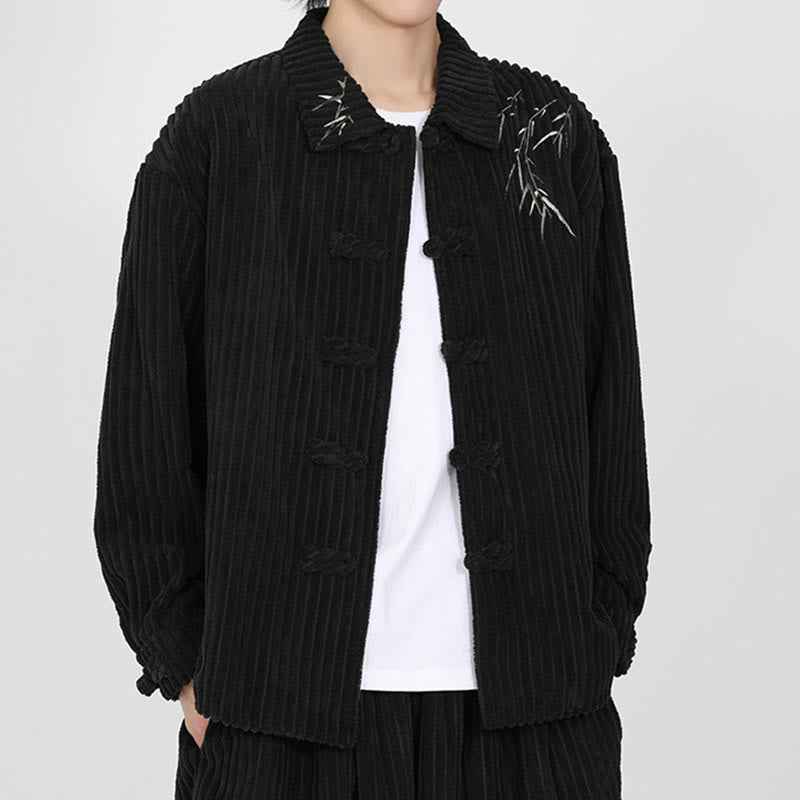 Buddha Stones Embroidery Bamboo Pattern Frog-Button Desgin Long Sleeve Men's Cotton Corduroy Jacket
