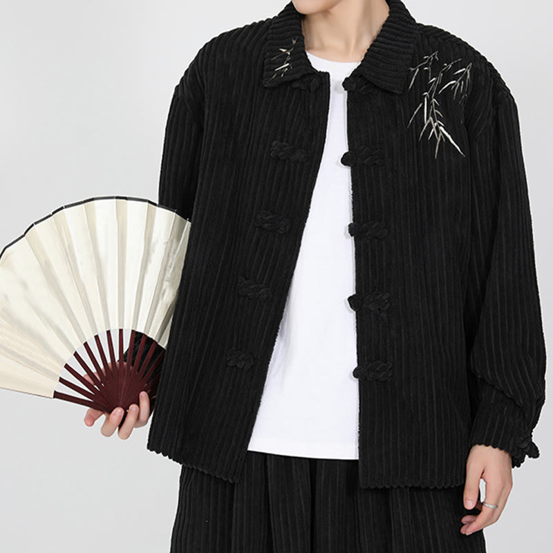 Buddha Stones Embroidery Bamboo Pattern Frog-Button Desgin Long Sleeve Men's Cotton Corduroy Jacket