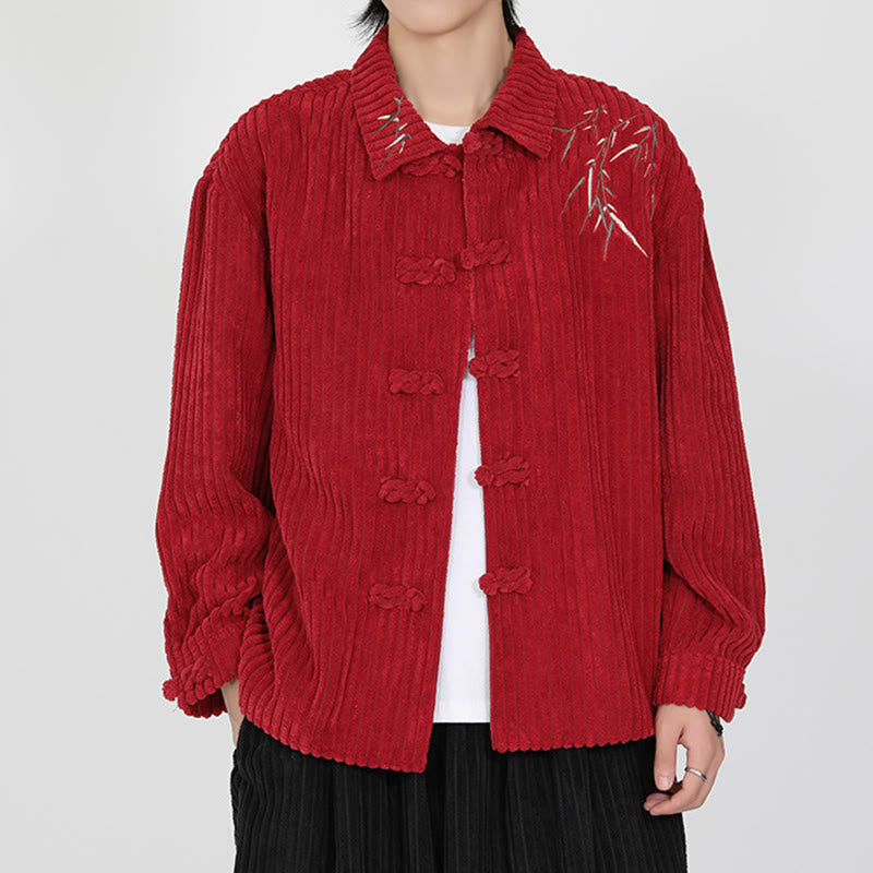 Buddha Stones Embroidery Bamboo Pattern Frog-Button Desgin Long Sleeve Men's Cotton Corduroy Jacket