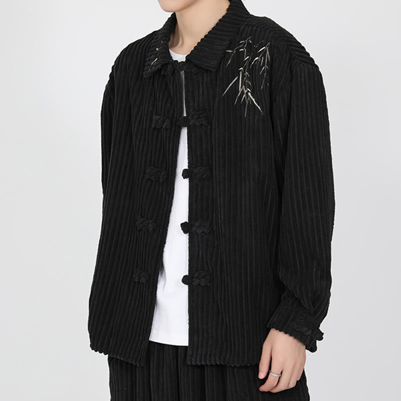 Buddha Stones Embroidery Bamboo Pattern Frog-Button Desgin Long Sleeve Men's Cotton Corduroy Jacket
