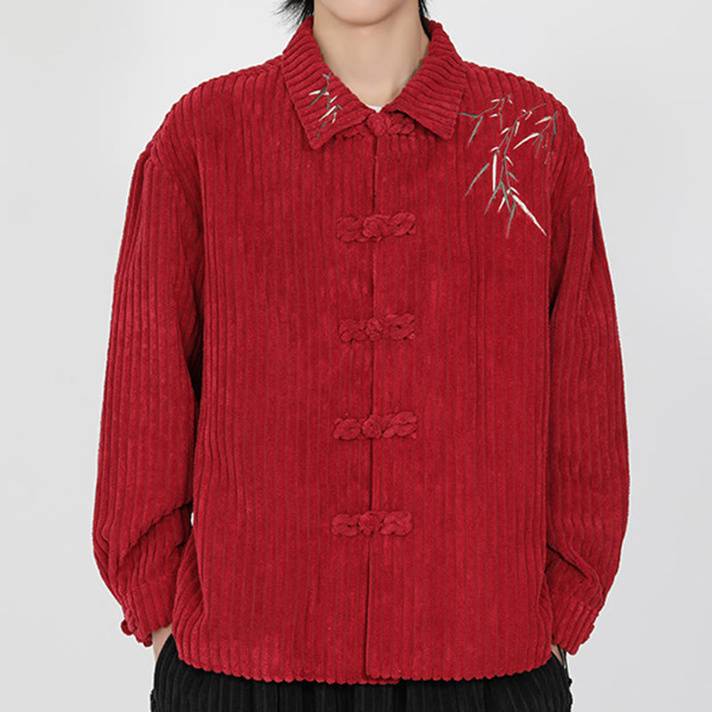Buddha Stones Embroidery Bamboo Pattern Frog-Button Desgin Long Sleeve Men's Cotton Corduroy Jacket