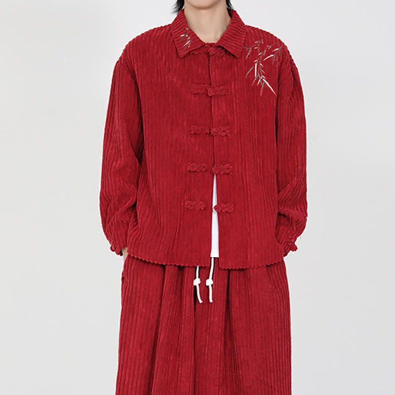 Buddha Stones Embroidery Bamboo Pattern Frog-Button Desgin Long Sleeve Men's Cotton Corduroy Jacket