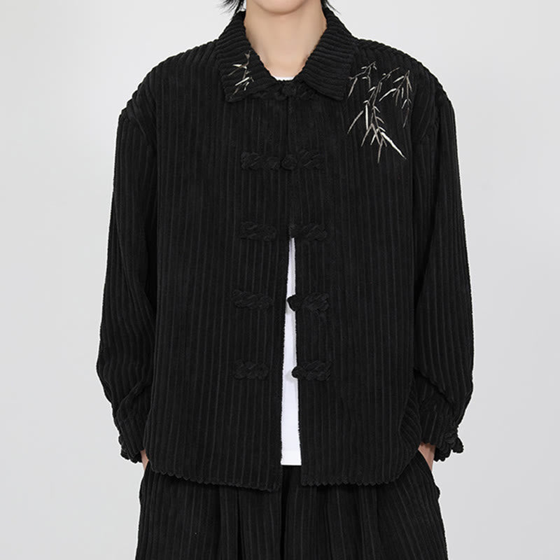 Buddha Stones Embroidery Bamboo Pattern Frog-Button Desgin Long Sleeve Men's Cotton Corduroy Jacket
