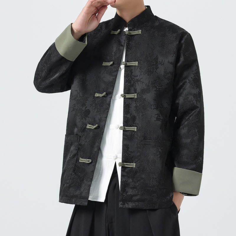 Buddha Stones Jacquard Frog-Button Long Sleeve Men's Cotton Jacket Tang Suit With Pockets