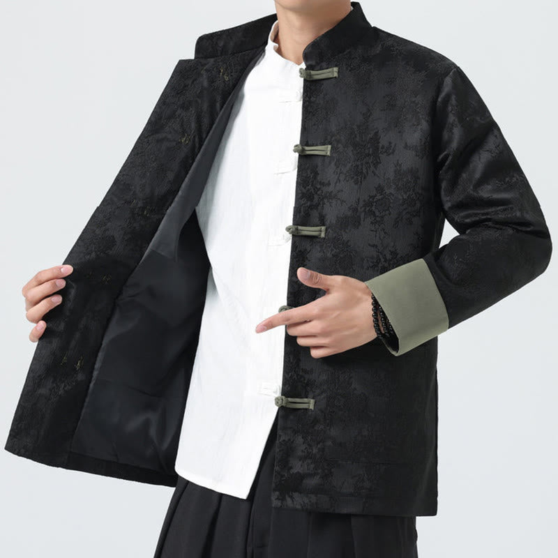 Buddha Stones Jacquard Frog-Button Long Sleeve Men's Cotton Jacket Tang Suit With Pockets