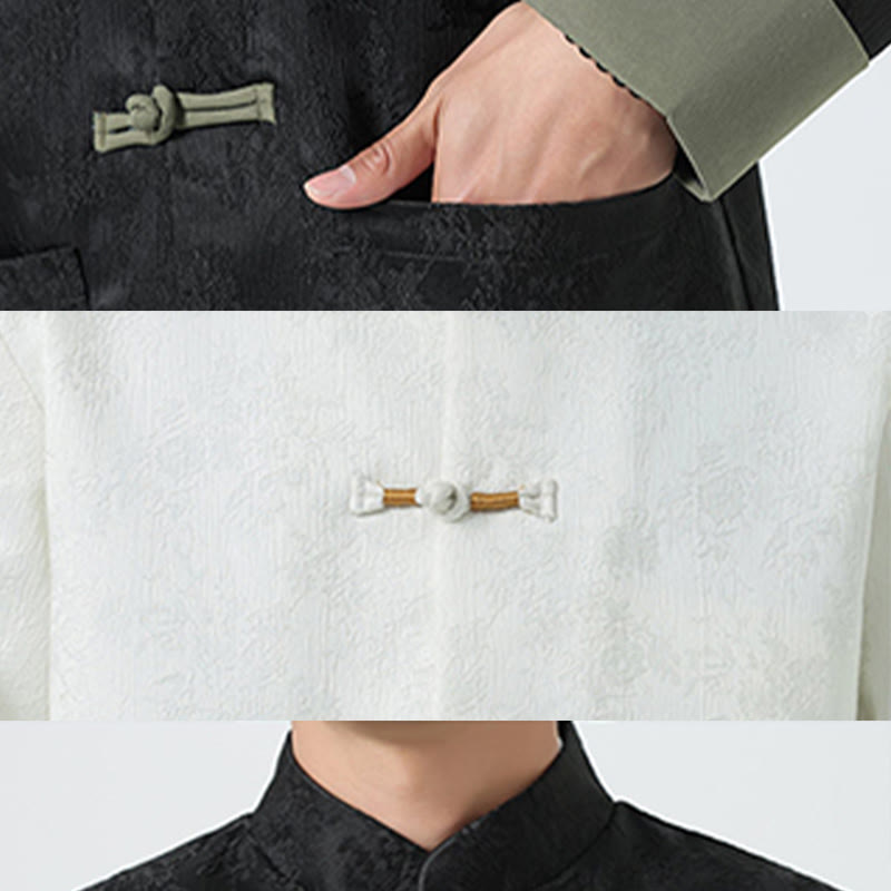 Buddha Stones Jacquard Frog-Button Long Sleeve Men's Cotton Jacket Tang Suit With Pockets