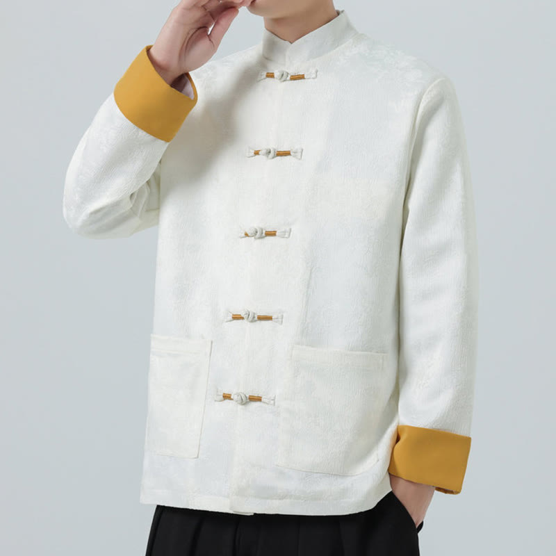 Buddha Stones Jacquard Frog-Button Long Sleeve Men's Cotton Jacket Tang Suit With Pockets