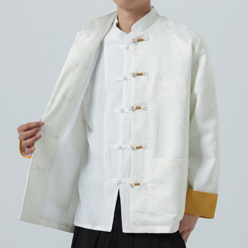 Buddha Stones Jacquard Frog-Button Long Sleeve Men's Cotton Jacket Tang Suit With Pockets