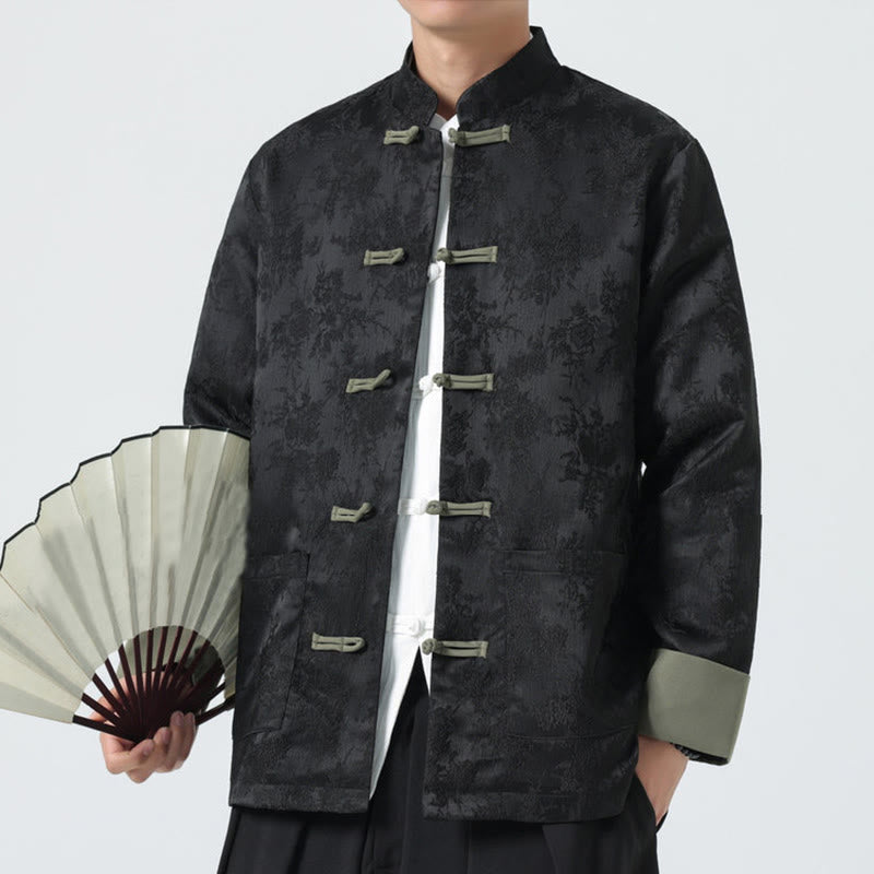 Buddha Stones Jacquard Frog-Button Long Sleeve Men's Cotton Jacket Tang Suit With Pockets