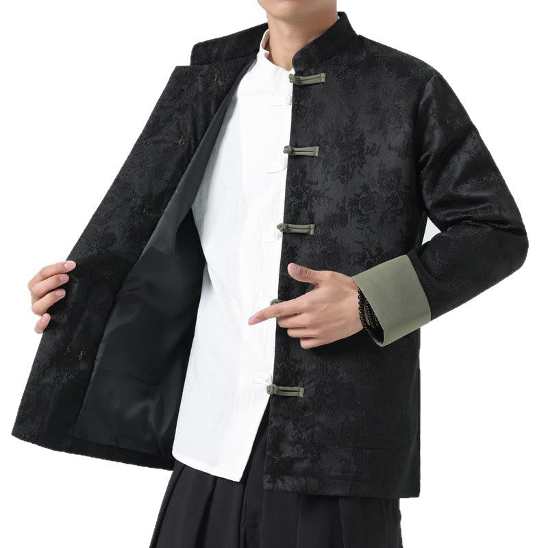 Buddha Stones Jacquard Frog-Button Long Sleeve Men's Cotton Jacket Tang Suit With Pockets