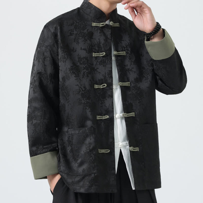 Buddha Stones Jacquard Frog-Button Long Sleeve Men's Cotton Jacket Tang Suit With Pockets