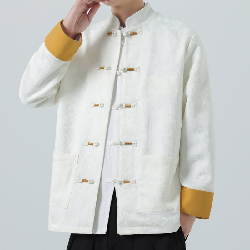 Buddha Stones Jacquard Frog-Button Long Sleeve Men's Cotton Jacket Tang Suit With Pockets