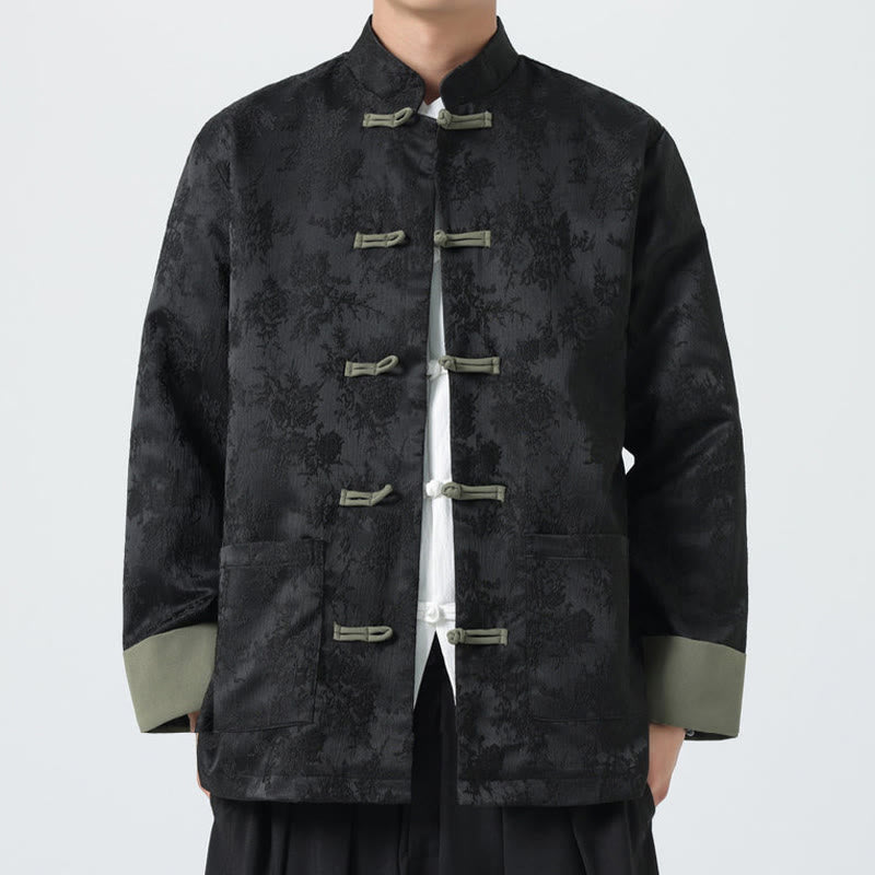 Buddha Stones Jacquard Frog-Button Long Sleeve Men's Cotton Jacket Tang Suit With Pockets