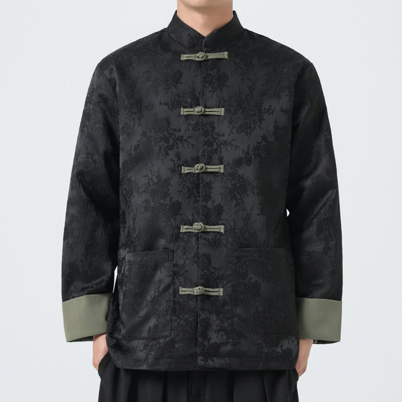 Buddha Stones Jacquard Frog-Button Long Sleeve Men's Cotton Jacket Tang Suit With Pockets