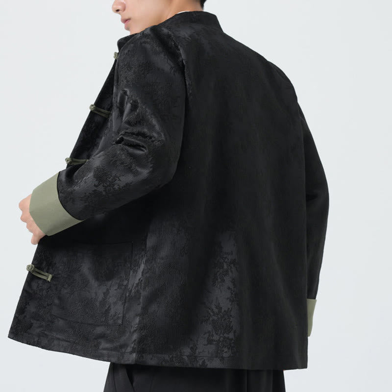 Buddha Stones Jacquard Frog-Button Long Sleeve Men's Cotton Jacket Tang Suit With Pockets